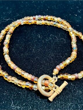 Gold-Tone Amber Beaded Toggle clasp 9.5” long ankle bracelet or larger wrist